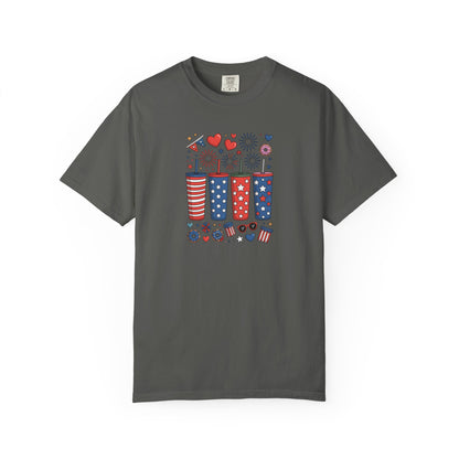 Patriotic Fireworks Cups T-Shirt — USA 4th of July Graphic Tee