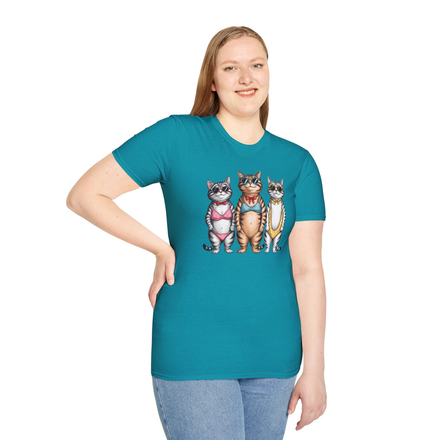 Funny Cats in Bathing Suits T-Shirt — Retro Trio Cat Beach Tee