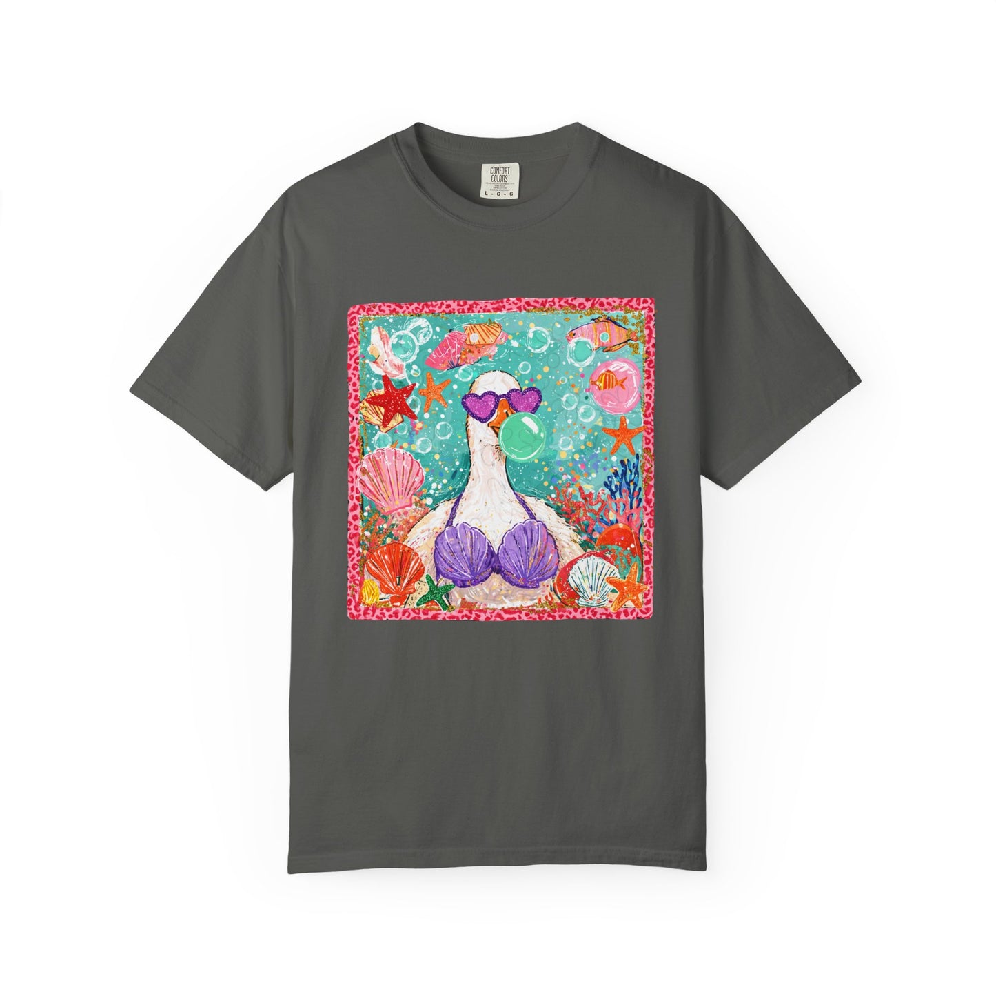 Sea Duck Mermaid T-Shirt — Whimsical Beach Graphic Tee with Sunglasses & Shell Bra