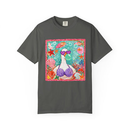 Sea Duck Mermaid T-Shirt — Whimsical Beach Graphic Tee with Sunglasses & Shell Bra