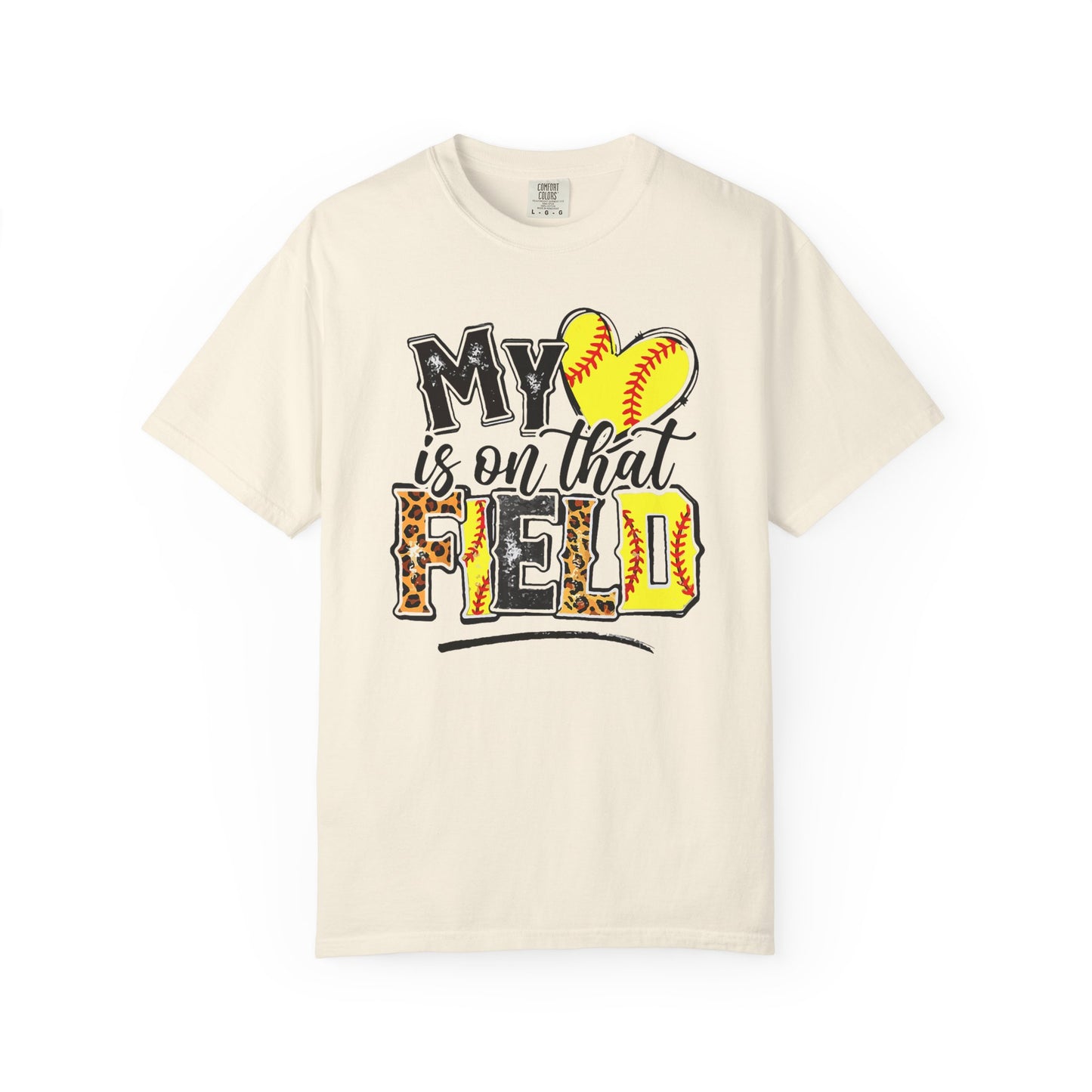 Softball Mom T-Shirt - "My Heart is on That Field" Leopard Stitch Design