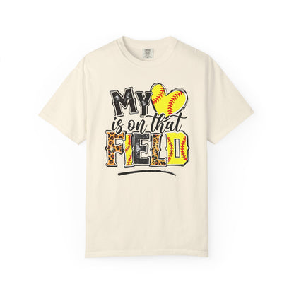 Softball Mom T-Shirt - "My Heart is on That Field" Leopard Stitch Design