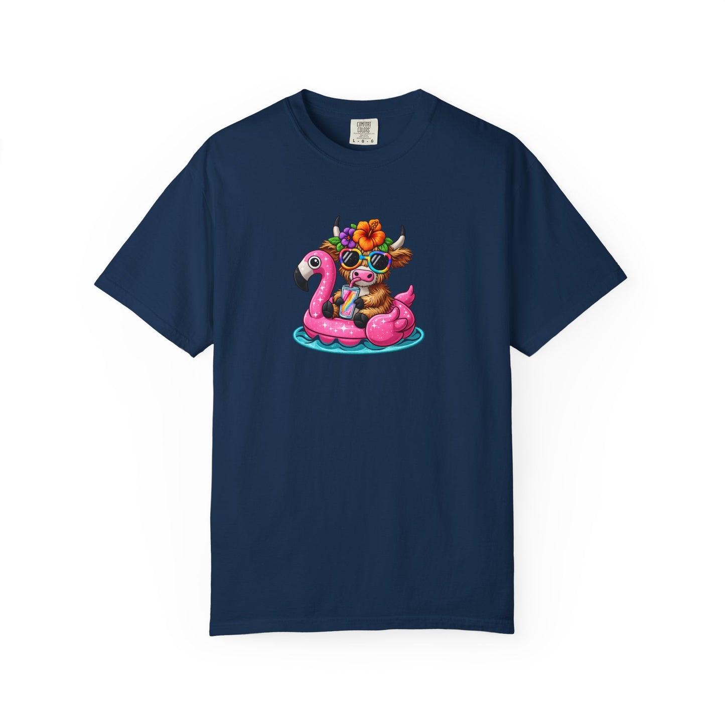 Cute cow on Pink Flamingo Float Graphic T-Shirt — Summer Pool Party Tee