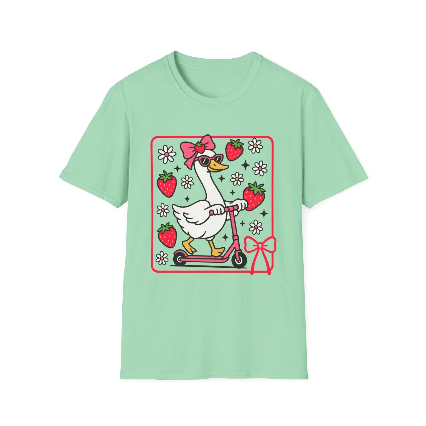 Cute Goose on Scooter T‑Shirt — Strawberry & Bow Graphic Tee