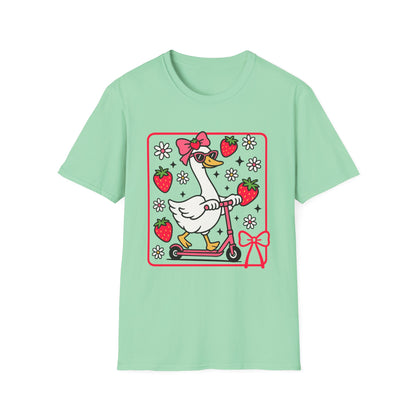 Cute Goose on Scooter T‑Shirt — Strawberry & Bow Graphic Tee