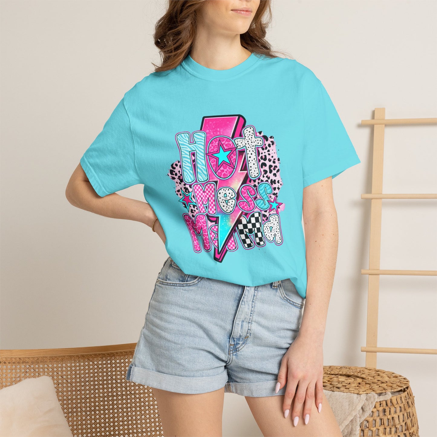 Retro Hot Mess Mama T-Shirt — Pink Lightning Graphic Tee