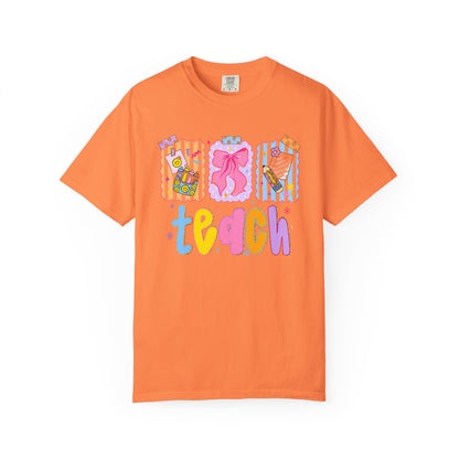 Teacher Gift T‑Shirt — Colorful 'Teach' Classroom Apple & Supplies Design