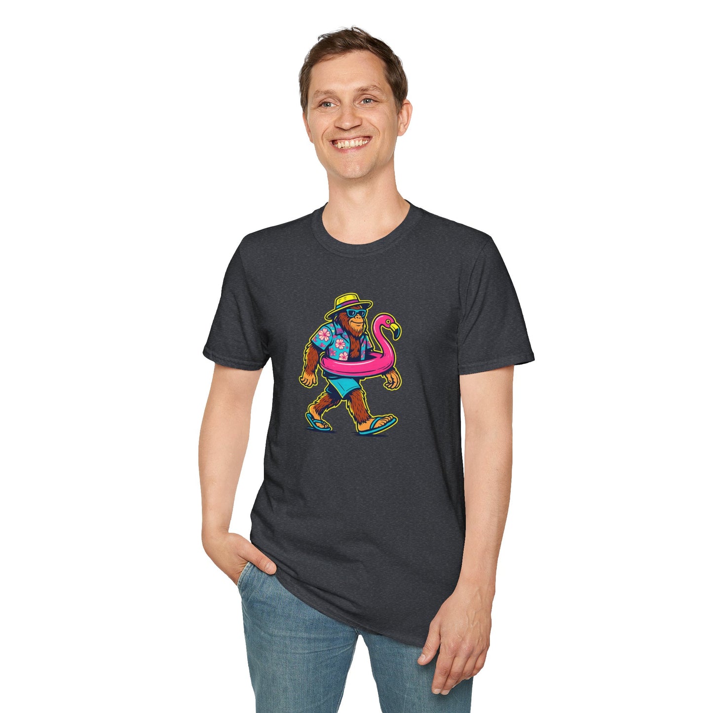 Beach Vacation Bigfoot Tee — Funny Sasquatch with Flamingo Float Shirt