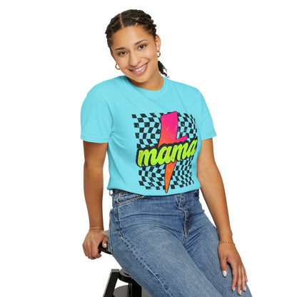 Mama Lightning Bolt T-Shirt — Retro Neon Checkered Graphic Tee for Moms