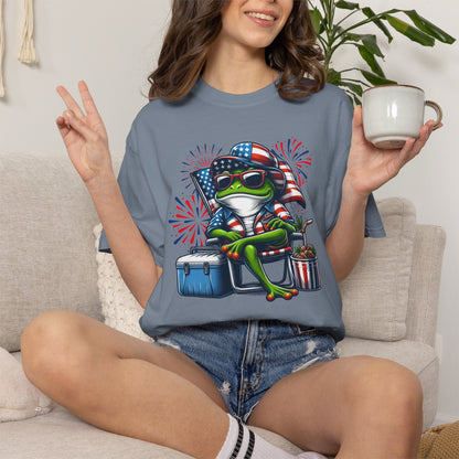 Patriotic Frog BBQ T-Shirt — Fourth of July Frog with American Flag Bandana