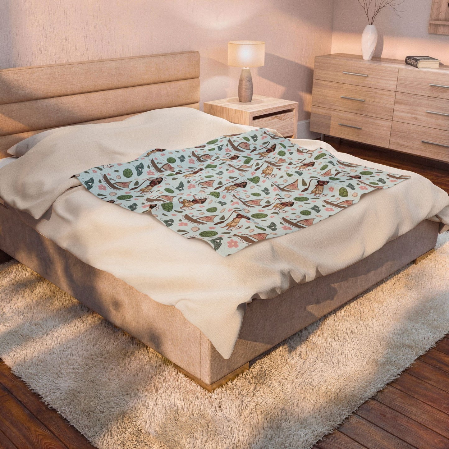 Island Girl Pattern Velveteen Plush Blanket – Tropical Boat & Palm Print Cozy Throw