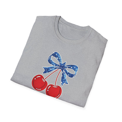 Cherry Graphic T-Shirt — Vintage Red Cherries with Blue Bow