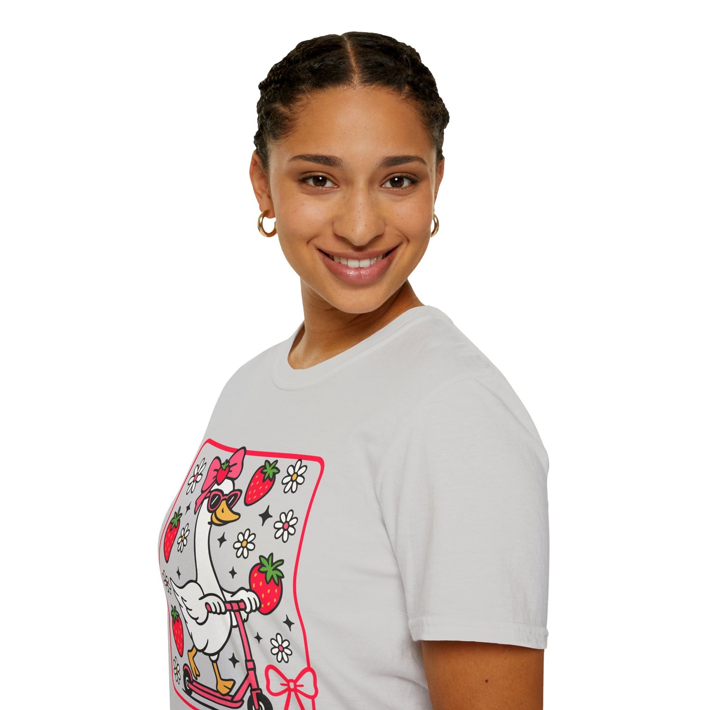 Cute Goose on Scooter T‑Shirt — Strawberry & Bow Graphic Tee