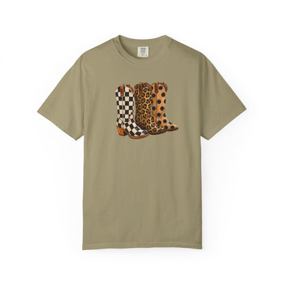 Cowgirl Boots Graphic T-Shirt — Checker & Leopard Print Western Tee