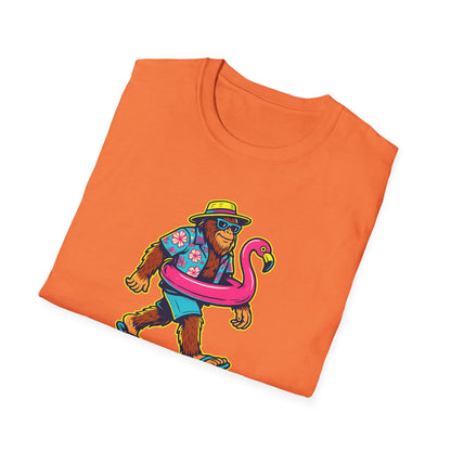 Beach Vacation Bigfoot Tee — Funny Sasquatch with Flamingo Float Shirt
