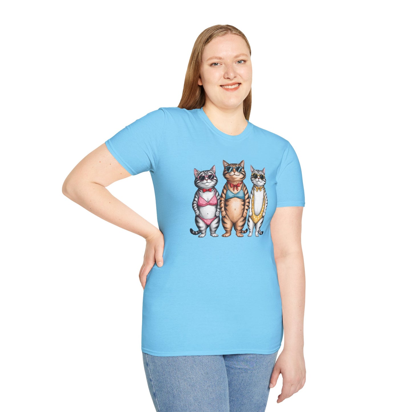 Funny Cats in Bathing Suits T-Shirt — Retro Trio Cat Beach Tee