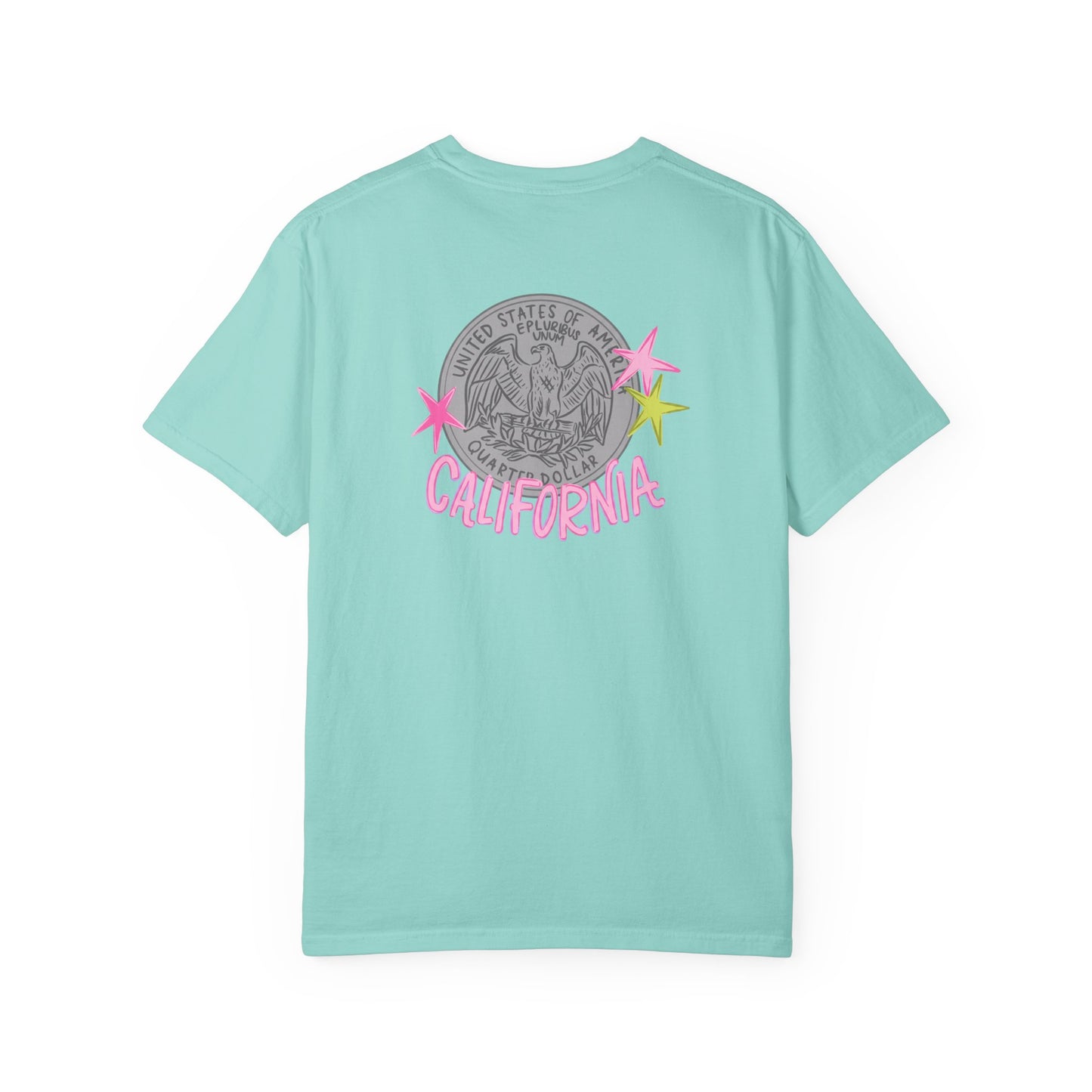 California Coin Graphic Tee — 'California' Retro Neon Stars T-Shirt