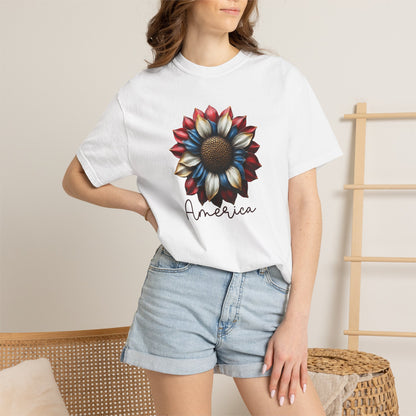 America Sunflower T-Shirt — Patriotic Red White Blue Floral Tee