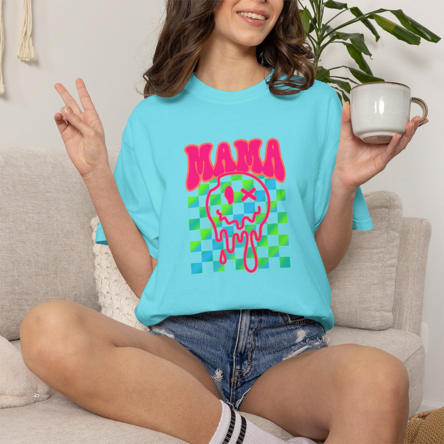Mama Meltdown Graphic T-Shirt — Neon Checkerboard Drip Design