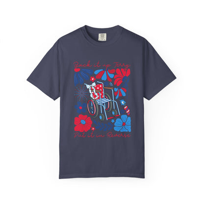 Fourth of July Beach Wheelchair T-Shirt — Patriotic Floral "Pack it up, Jerry" Tee