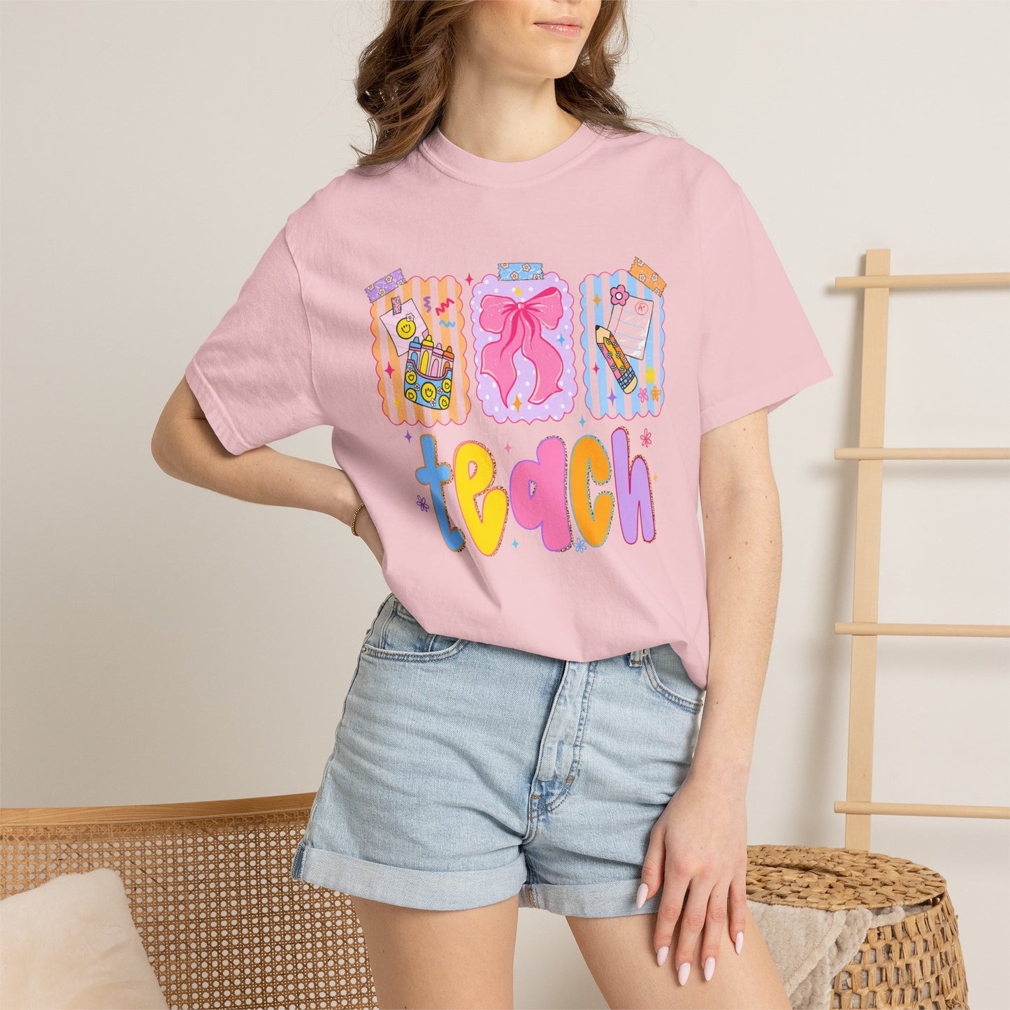 Teacher Gift T‑Shirt — Colorful 'Teach' Classroom Apple & Supplies Design