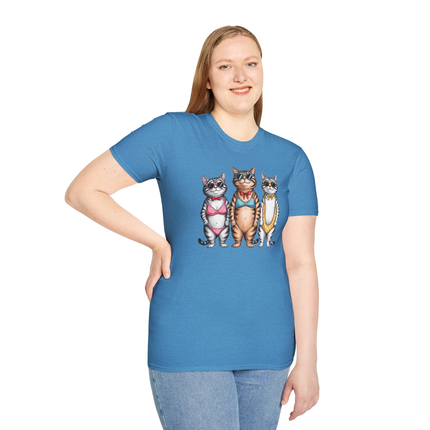 Funny Cats in Bathing Suits T-Shirt — Retro Trio Cat Beach Tee