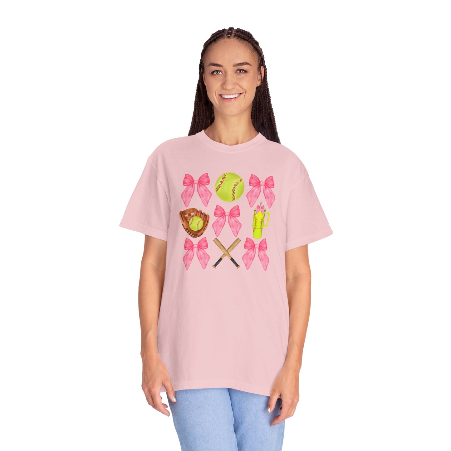 Softball Mom Graphic T‑Shirt — Pink Bows, Glove & Bat Design