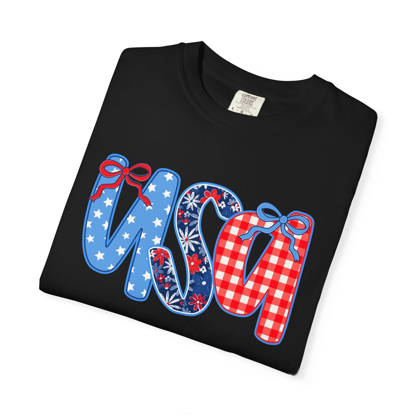 USA Patriotic T-Shirt - Red White Blue Bow Ribbon Design