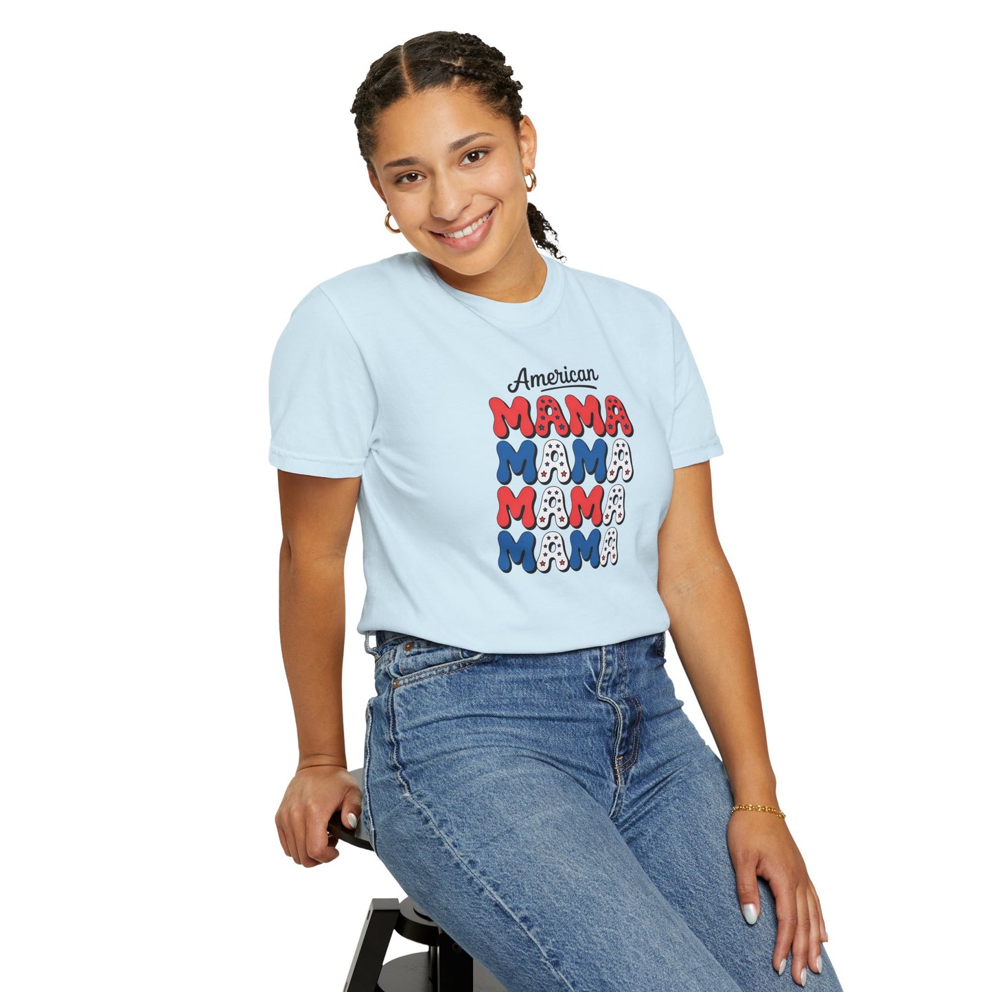American Mama Graphic T-Shirt – Patriotic Red White Blue Mom Tee