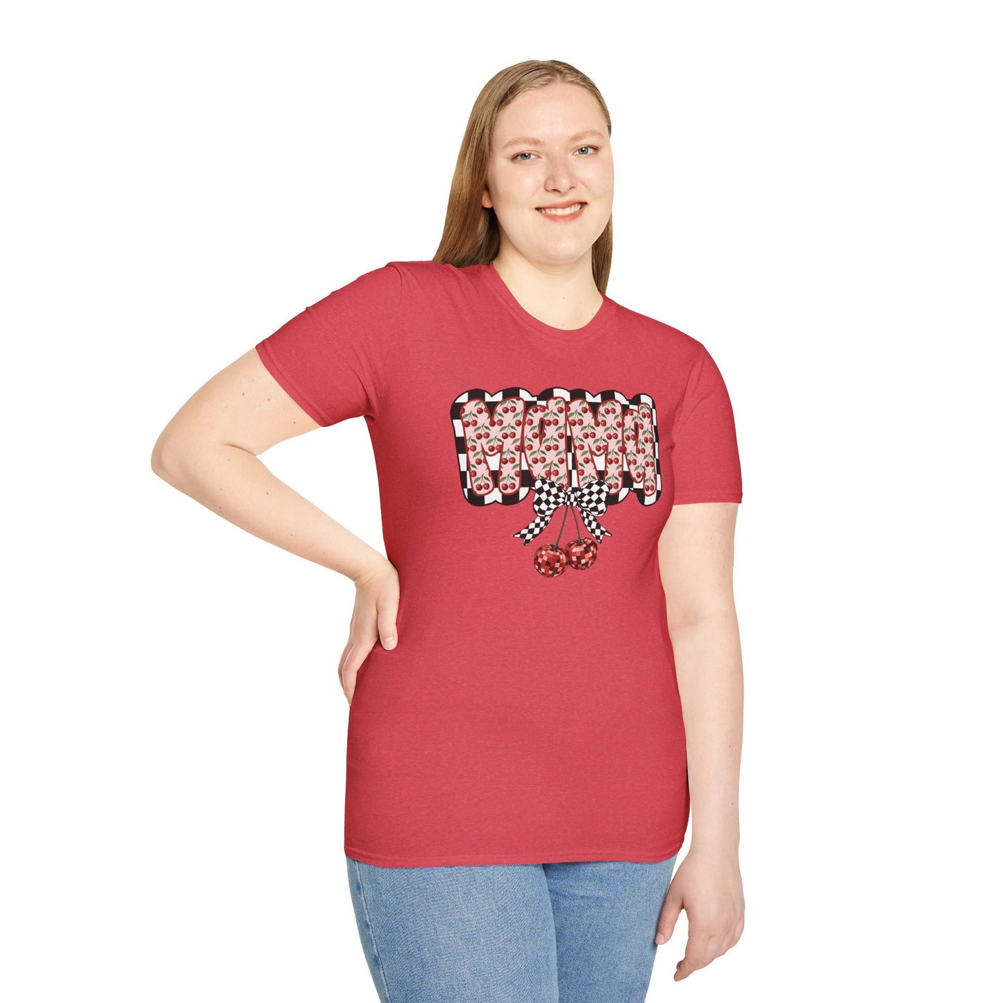 Cherry Pattern Graphic T-Shirt — Checker Bow & Double Cherries Design
