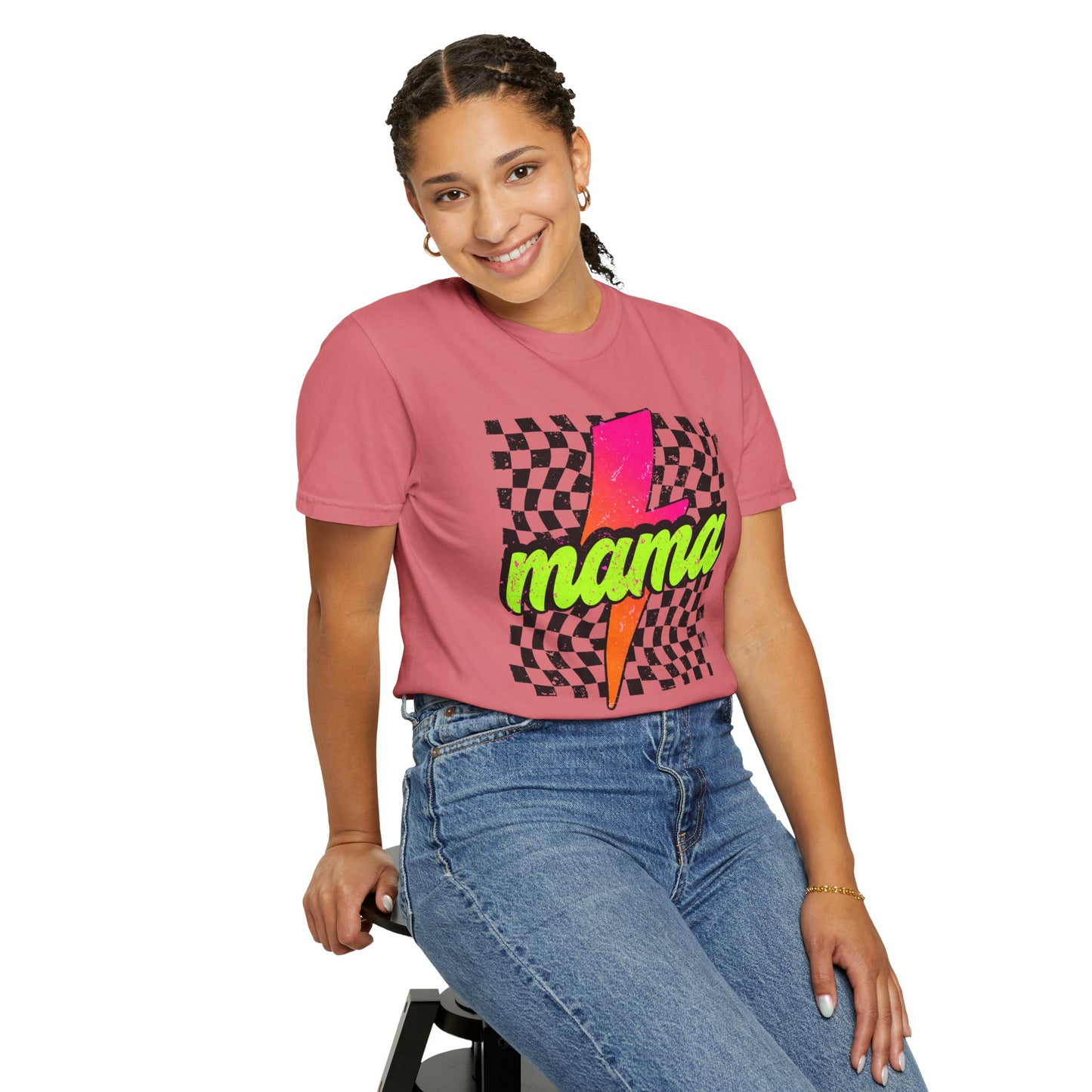 Mama Lightning Bolt T-Shirt — Retro Neon Checkered Graphic Tee for Moms