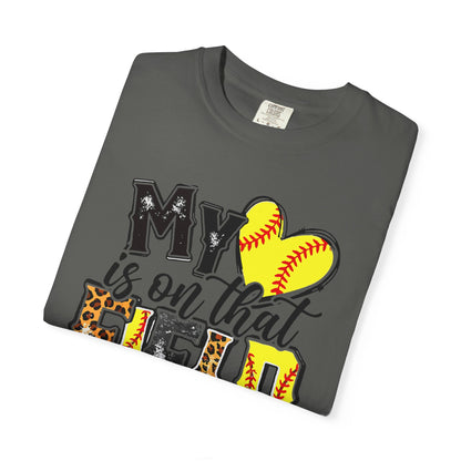 Softball Mom T-Shirt - "My Heart is on That Field" Leopard Stitch Design