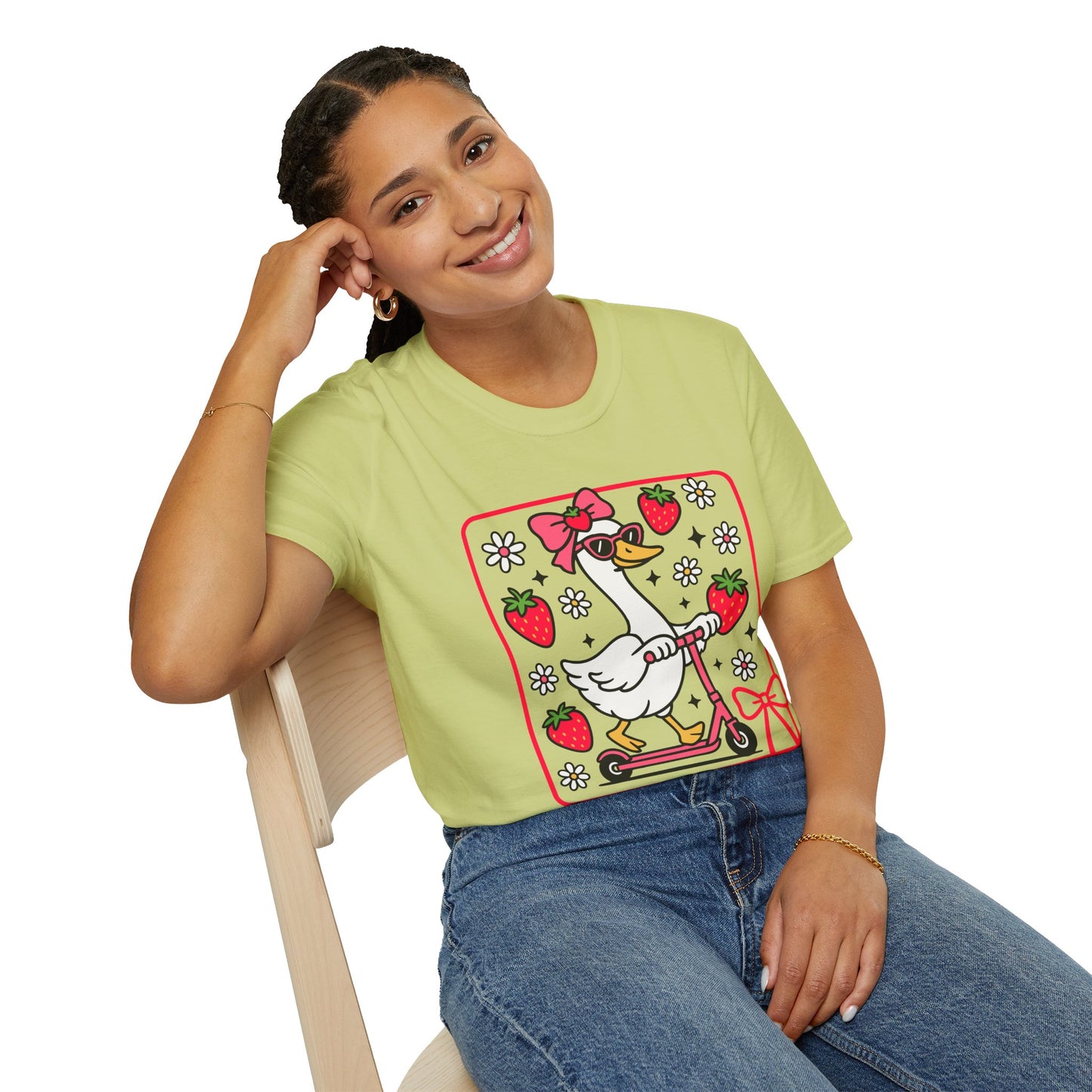 Cute Goose on Scooter T‑Shirt — Strawberry & Bow Graphic Tee