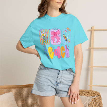 Teacher Gift T‑Shirt — Colorful 'Teach' Classroom Apple & Supplies Design
