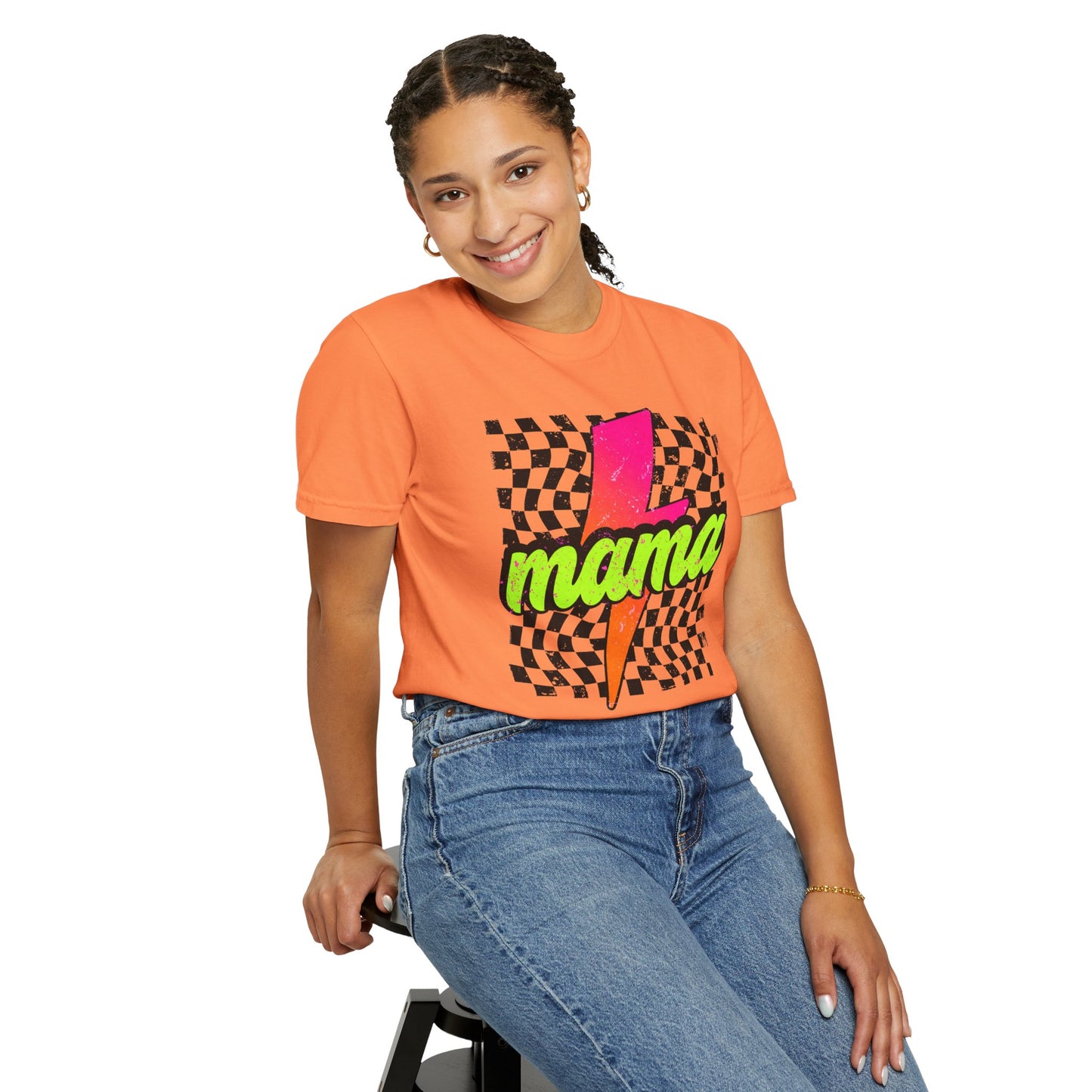 Mama Lightning Bolt T-Shirt — Retro Neon Checkered Graphic Tee for Moms