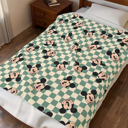 Vintage Mickey Mouse Checkered Velveteen Plush Blanket — Cute Retro Disney Throw