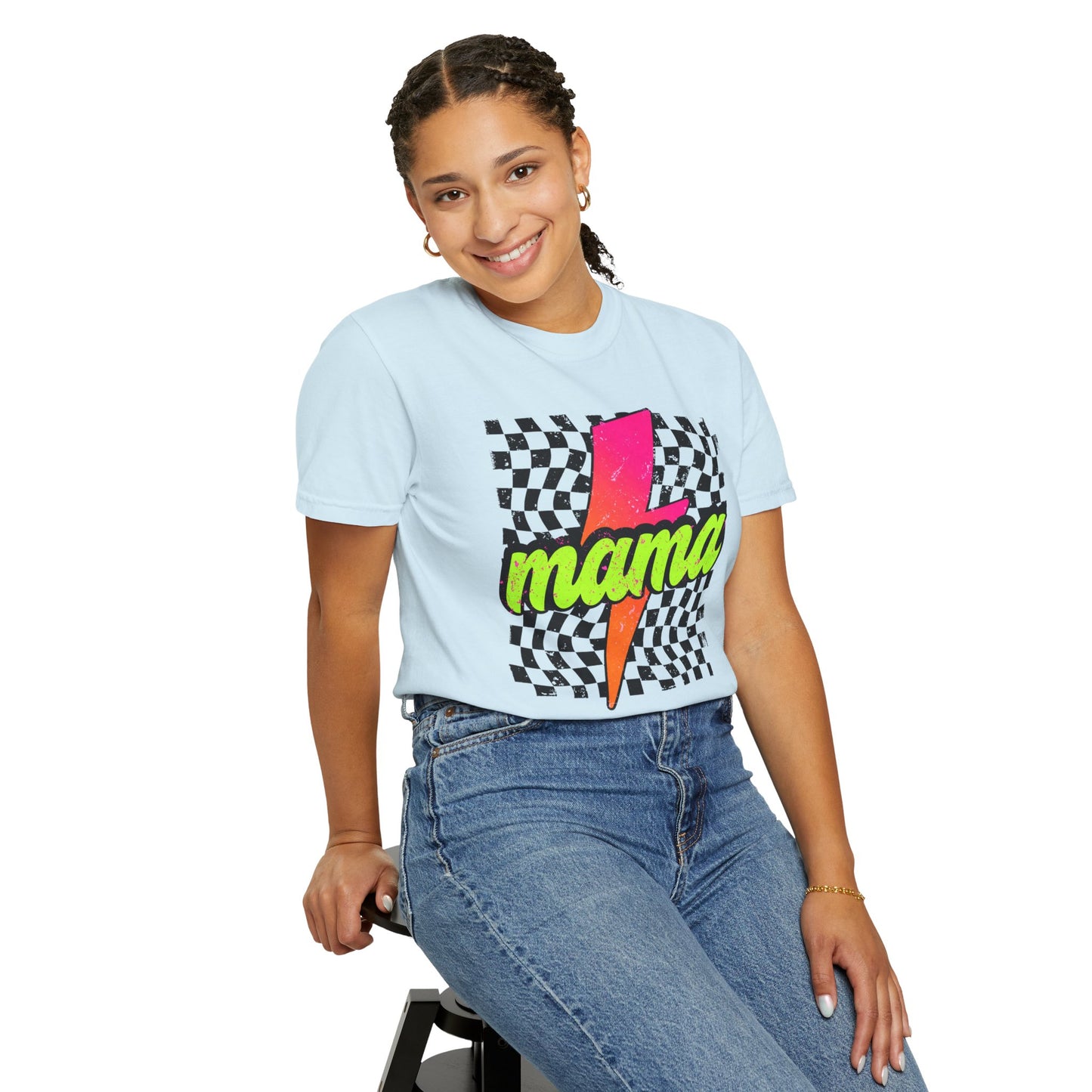 Mama Lightning Bolt T-Shirt — Retro Neon Checkered Graphic Tee for Moms