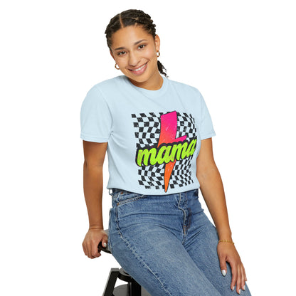 Mama Lightning Bolt T-Shirt — Retro Neon Checkered Graphic Tee for Moms