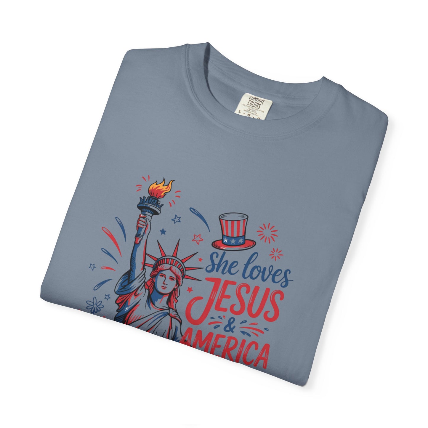 She Loves Jesus & America Tee — Patriotic Statue of Liberty Christian T-Shirt