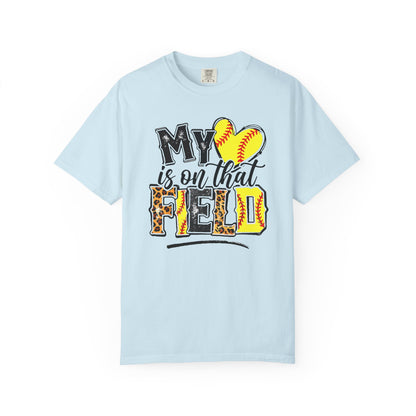 Softball Mom T-Shirt - "My Heart is on That Field" Leopard Stitch Design