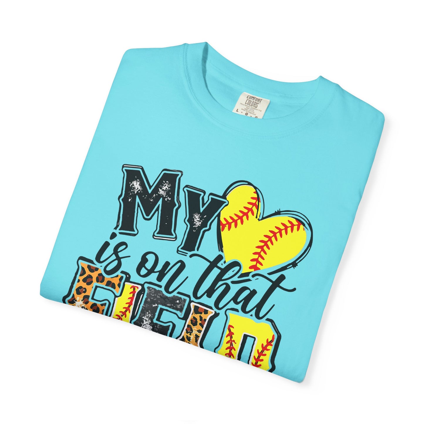 Softball Mom T-Shirt - "My Heart is on That Field" Leopard Stitch Design