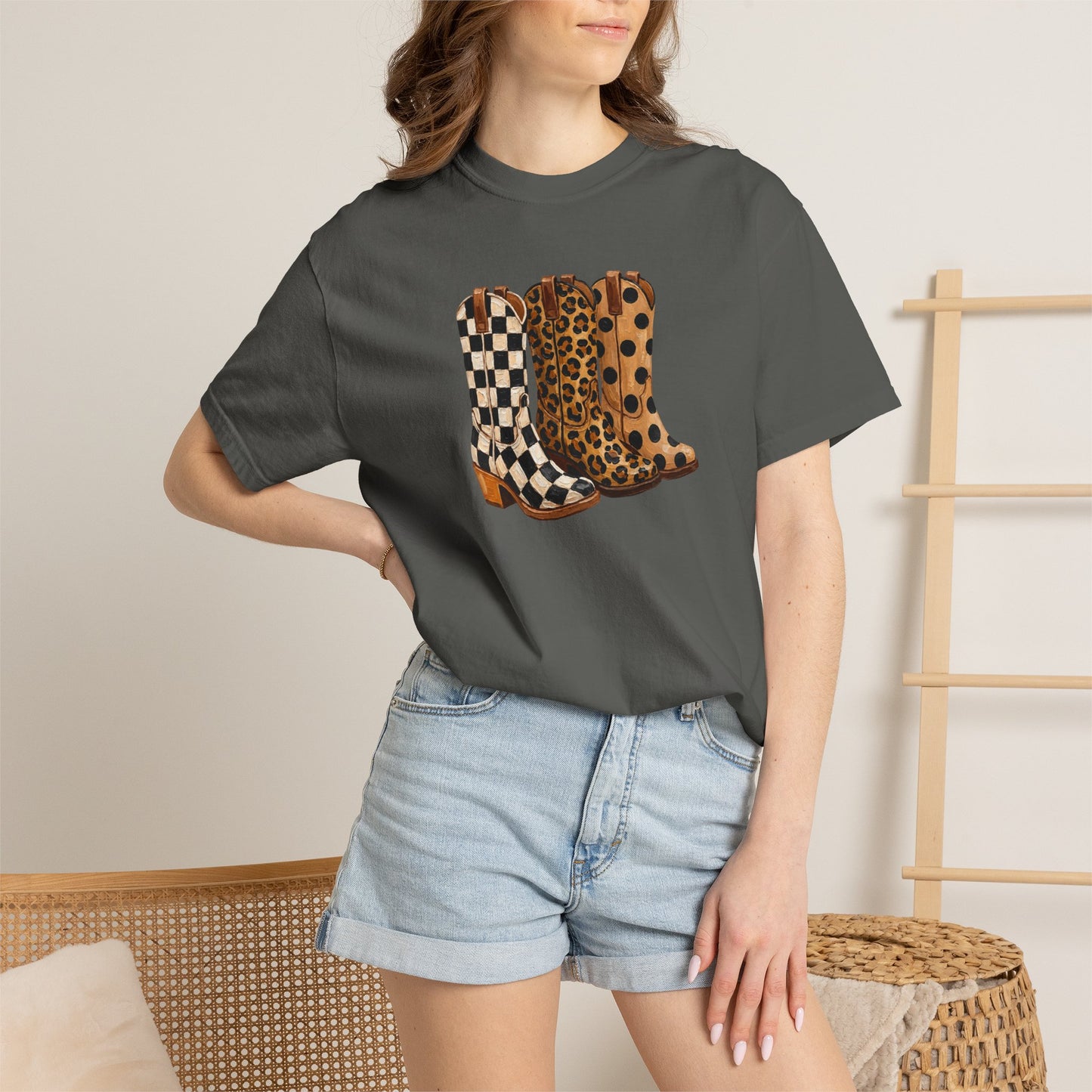 Cowgirl Boots Graphic T-Shirt — Checker & Leopard Print Western Tee
