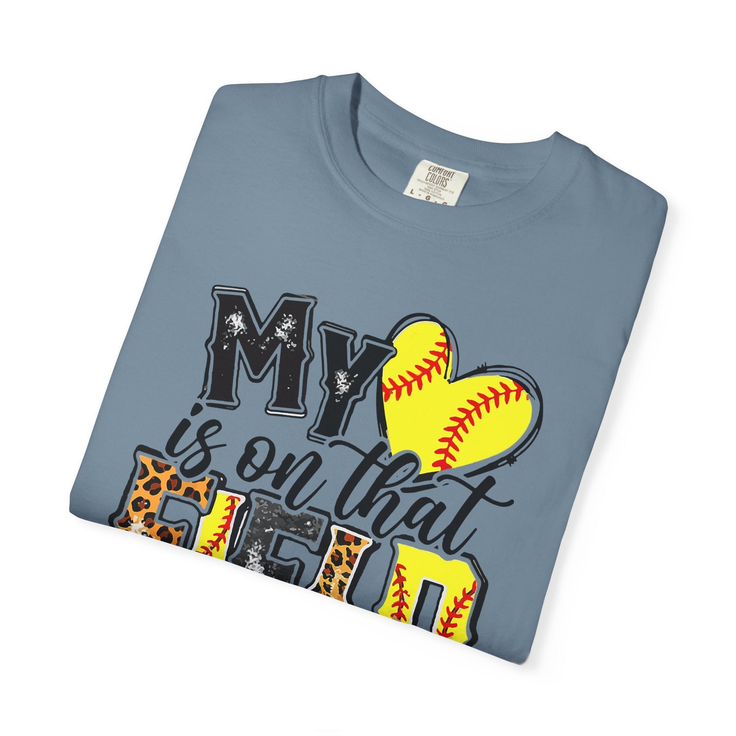 Softball Mom T-Shirt - "My Heart is on That Field" Leopard Stitch Design