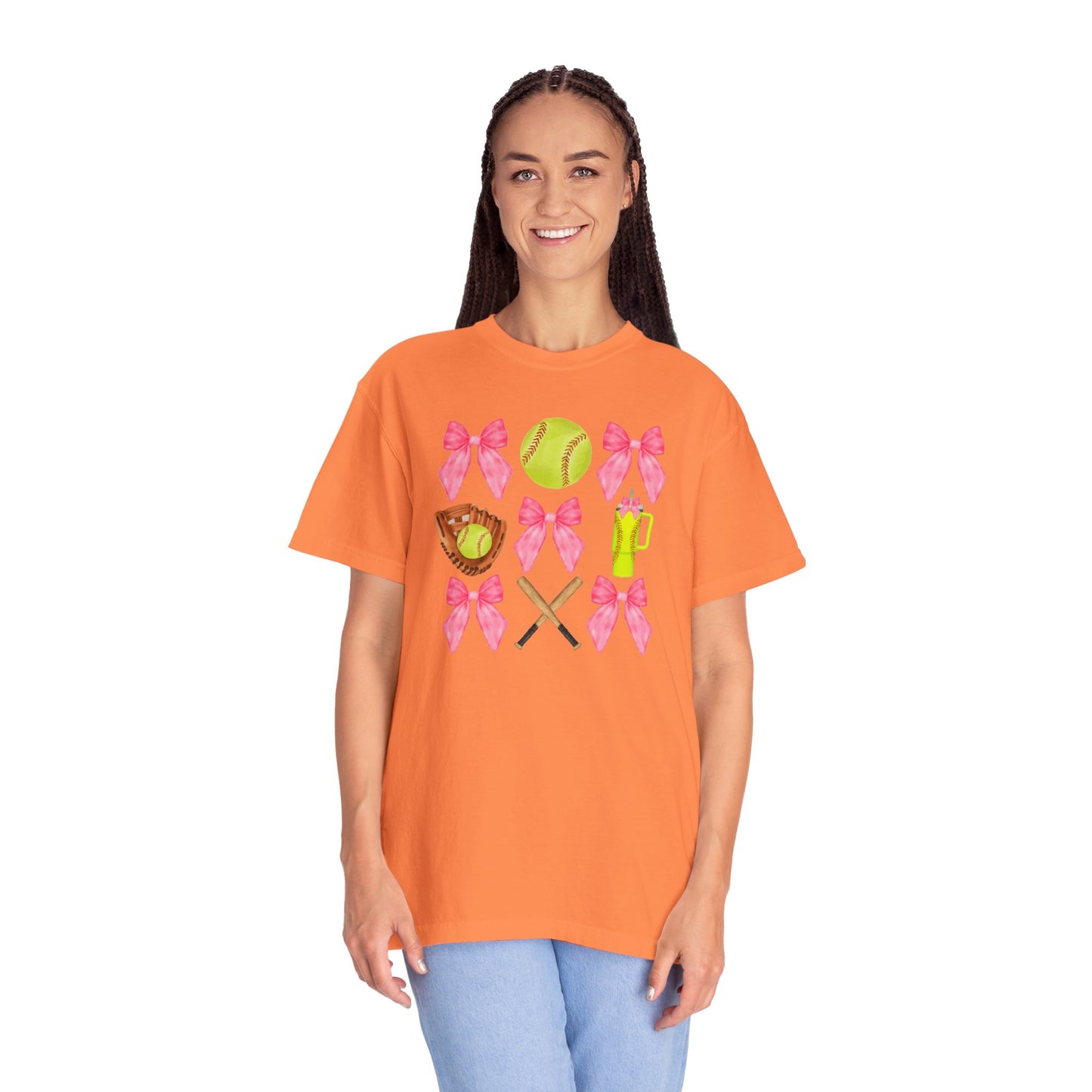 Softball Mom Graphic T‑Shirt — Pink Bows, Glove & Bat Design