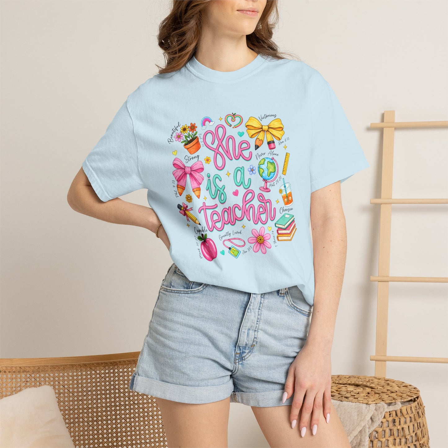 Teacher T-Shirt — "She is a Teacher" Cute School Supplies Design