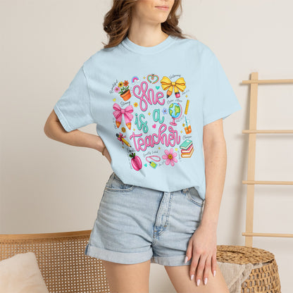 Teacher T-Shirt — "She is a Teacher" Cute School Supplies Design