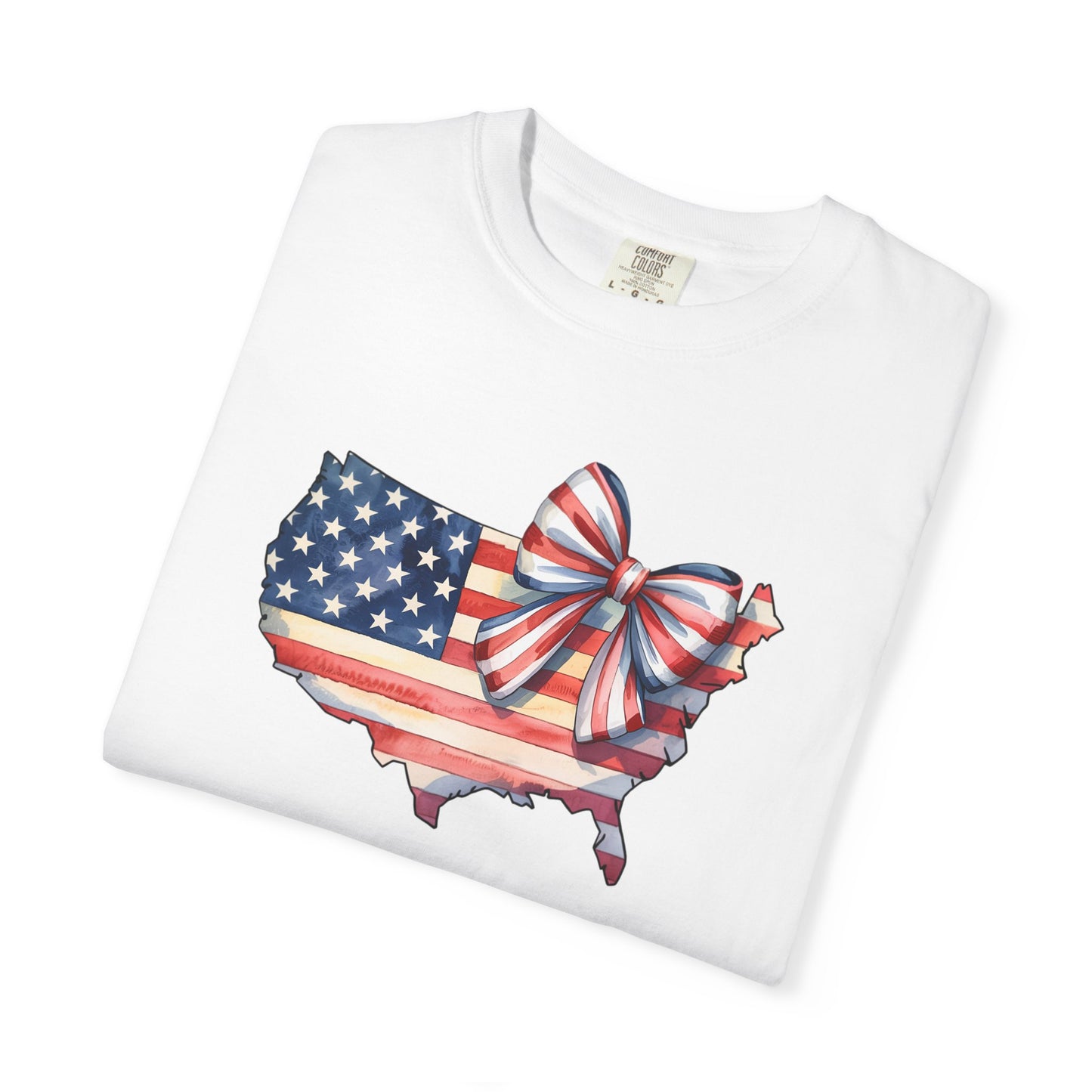 USA Flag Map T‑Shirt with Patriotic Bow — Fourth of July American Pride Tee