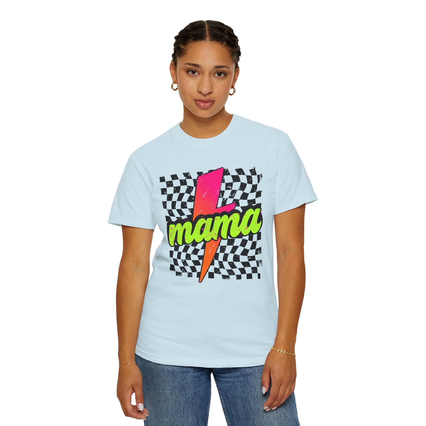 Mama Lightning Bolt T-Shirt — Retro Neon Checkered Graphic Tee for Moms