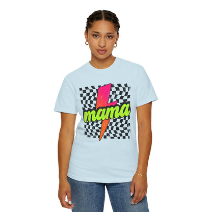 Mama Lightning Bolt T-Shirt — Retro Neon Checkered Graphic Tee for Moms