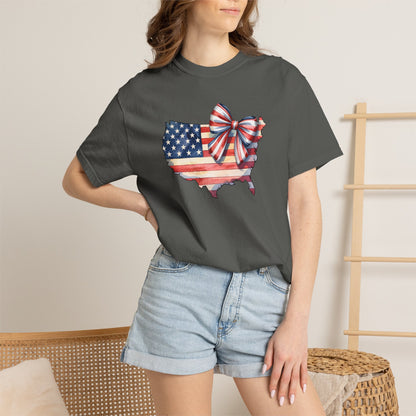 USA Flag Map T‑Shirt with Patriotic Bow — Fourth of July American Pride Tee